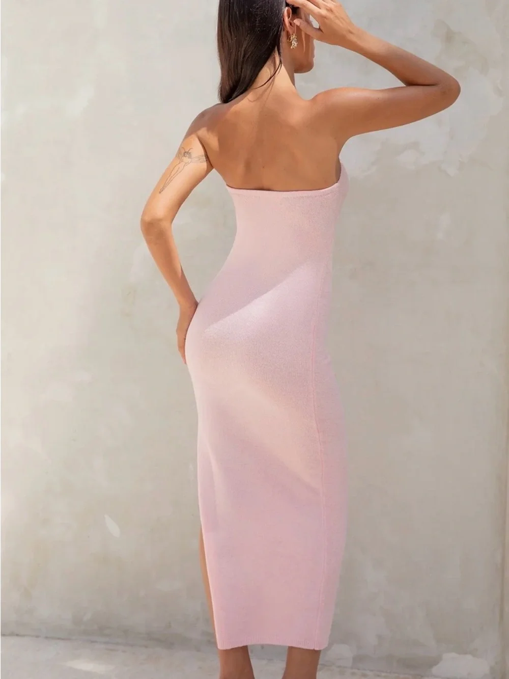 Strapless Pale Pink Midi Dress with Front Keyhole